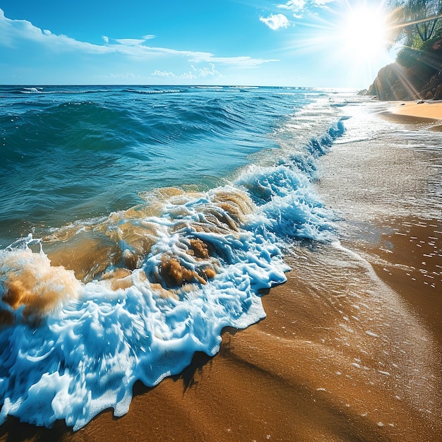 a wave breaking on a beach with a palm tree in the background