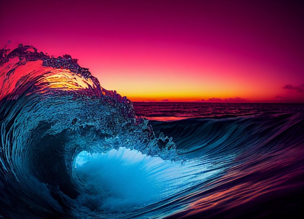 Wave breaking into the ocean at sunset generative ai