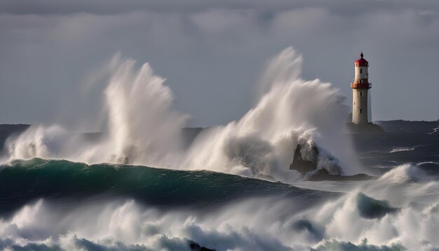 Photo a wave breaking over a rocky outcropping with a surfer on the side