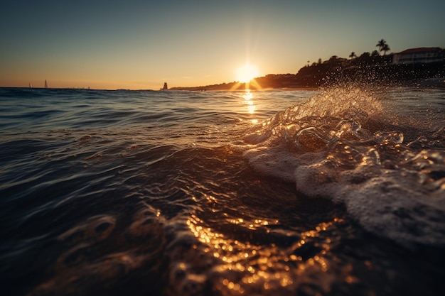 A wave breaks on the beach at sunset.