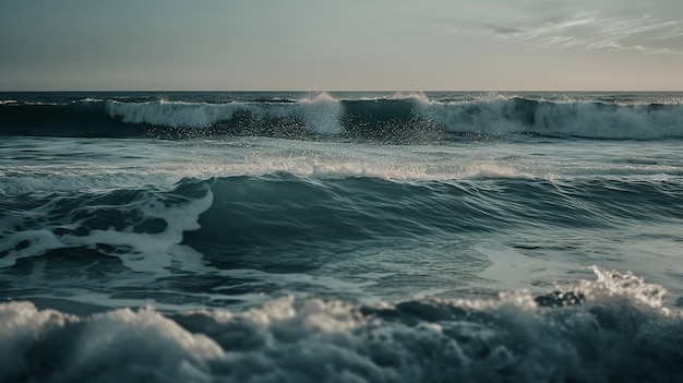 浜辺で波が砕け、水に人がいる