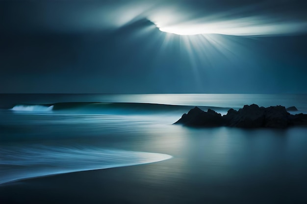 A wave breaks on a beach with the sun shining through the clouds