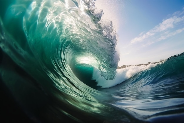 A wave breaks in the ocean with the sky in the background.