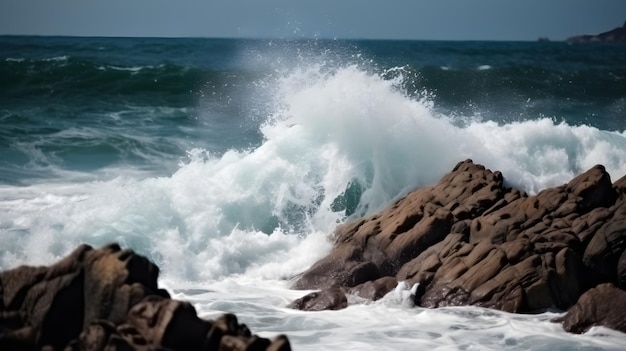 A wave breaks on the rocks near the shore.