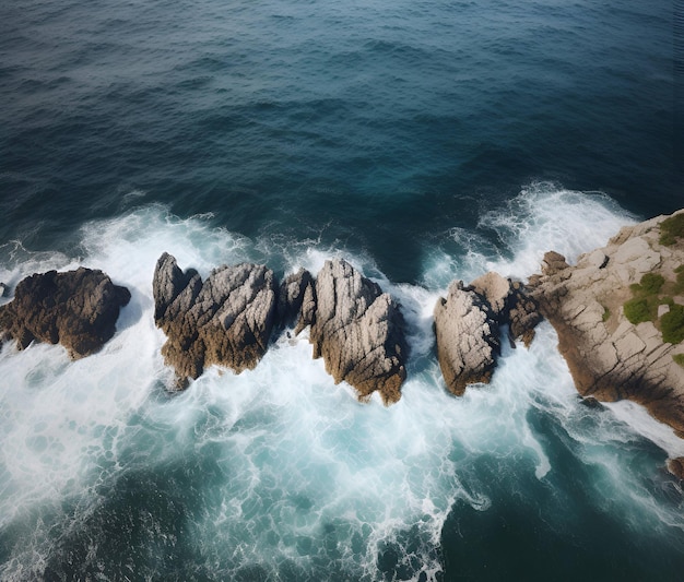 A wave breaks on the rocks in the ocean.