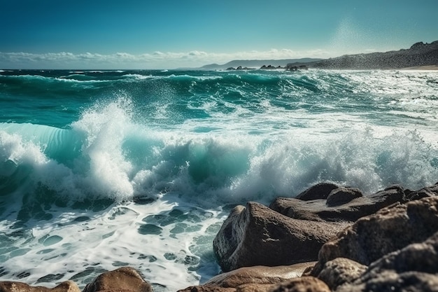 A wave breaks on the rocks in the ocean.