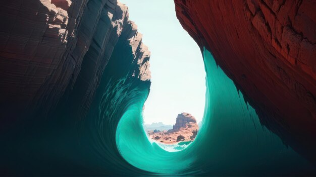 A wave breaks through a canyon wall