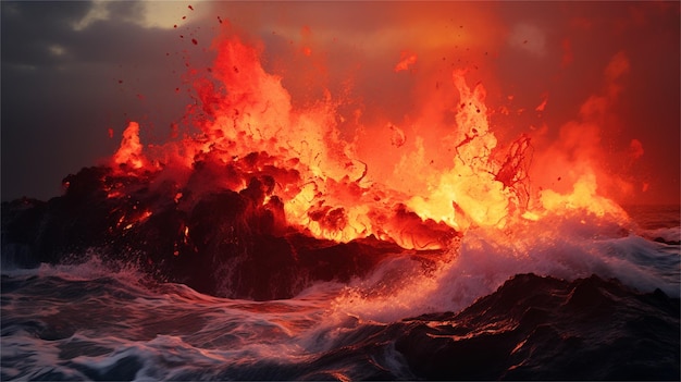 A wave breaks over a volcano