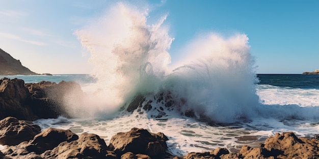 Photo a wave crashing against rocks