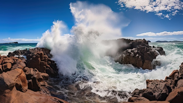 Photo a wave crashing into a cliff with the ocean spray coming out of it