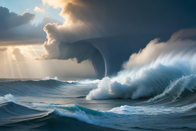 A wave crashing into the ocean with a large wave crashing in the background.