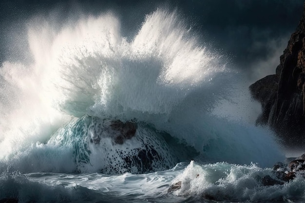 Wave crashing into rocky shore creating bursts of foam