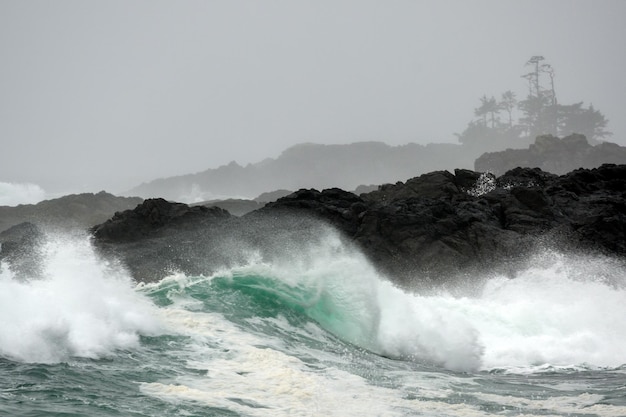 Wave crashing on a rocky coastline in Big Beach, Ucluelet, Vancouver Island, BC Canada