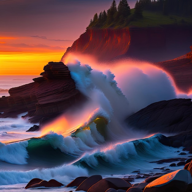 Photo wave crashing on a rocky shoreline at sunset