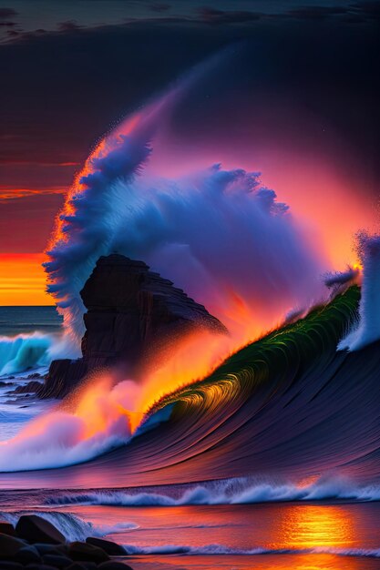 Wave crashing on a rocky shoreline at sunset