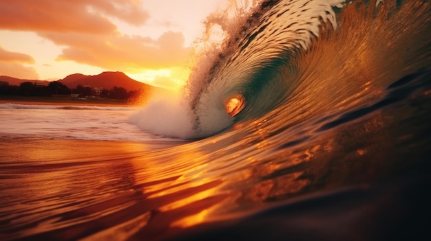 Wave crest at sunset The perfect place to surf in Hawaii The concept of attracting tourists to Hawaii