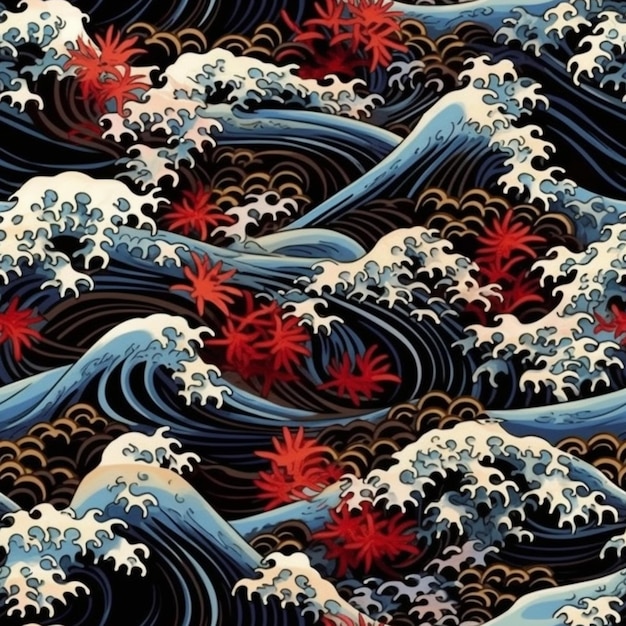 A wave in the dark blue sea with a red flower.