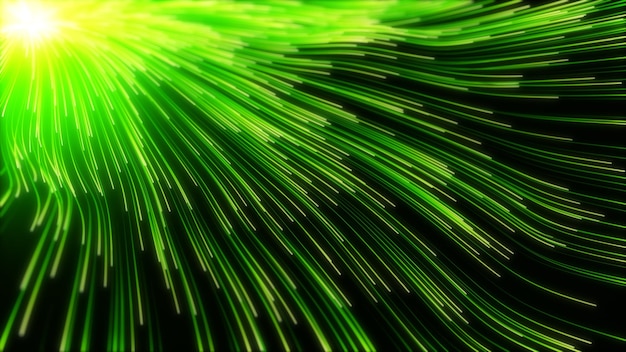 Wave of high speed data particle trails. 3D illustration with depth of field blur effect. suitable for big data, technology, networl and futuristic themes.