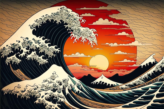 Wave hokusai on raising sun background in japanese style AI generated Big tsunami in traditional oriental style