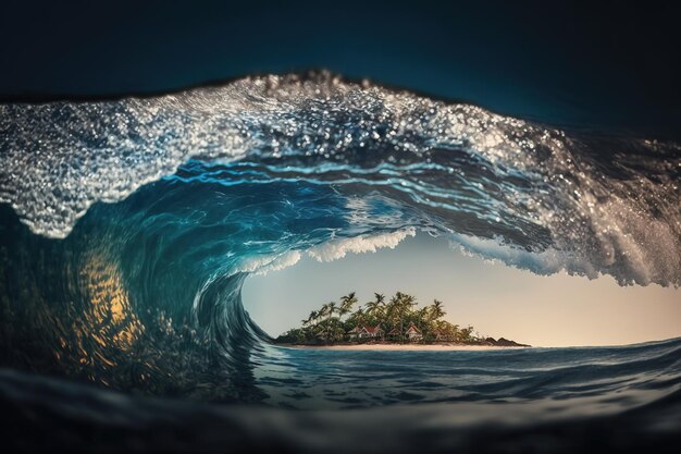 A wave is about to crash into the ocean.