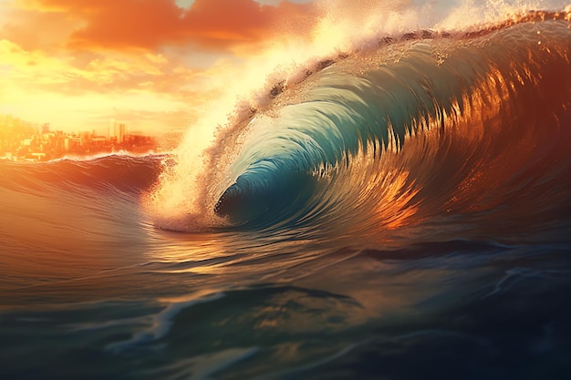 A wave is about to crash into the ocean.