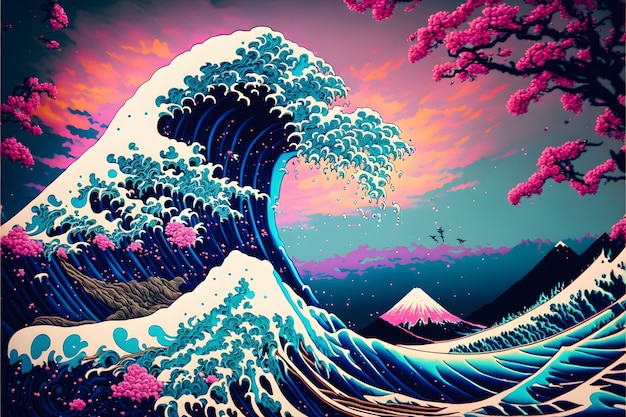 A wave is on the bottom of the image remix of artwork by katsushika hokusai