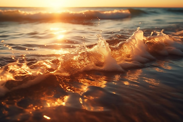 Wave is breaking on the beach at sunset