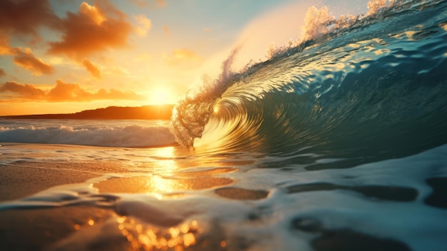 A wave is breaking on the beach with the sun setting behind it.