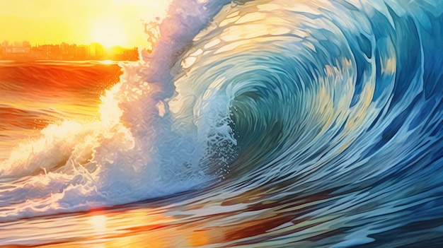 A wave is breaking in front of a sunset.