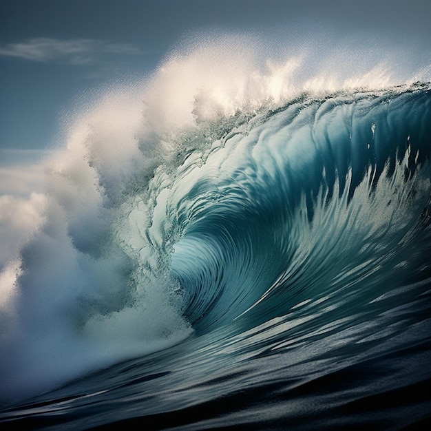 В океане разбивается волна, а небо сине-белое.