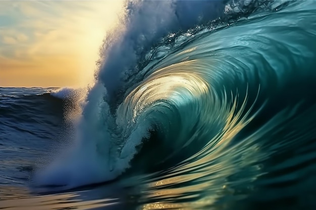 A wave is breaking in the ocean and the sky is orange.