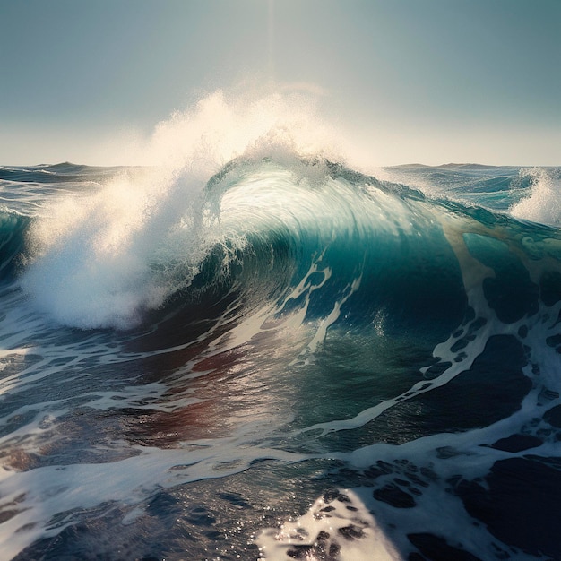 A wave is breaking on the ocean and the sun is shining on the water.