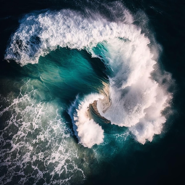 海に波が砕け、その上に「波」という言葉が書かれています