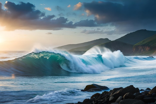 A wave is breaking on a rocky beach.