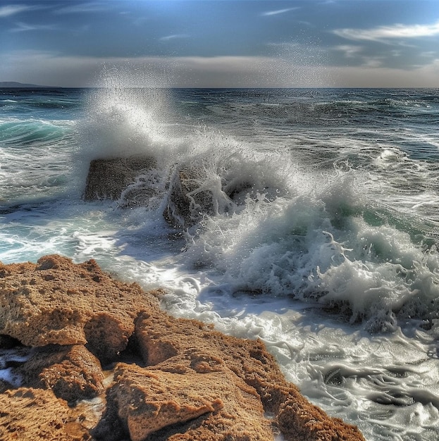 A wave is crashing against a rocky shore and the sky is blue and the sun is shining.