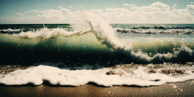 A wave is crashing on a beach and the ocean is green.