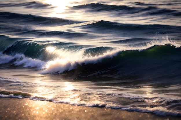 A wave is crashing on the beach with the sun shining on it.