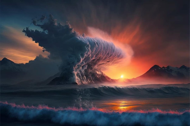 A wave is crashing on a beach with a sunset behind it.