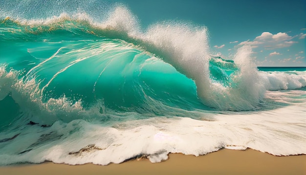 A wave is crashing on a beach.