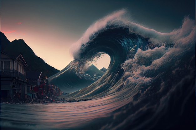 A wave is crashing in front of a mountain.