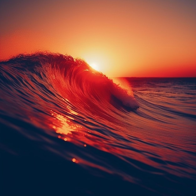 Photo a wave is crashing into the ocean with the sun setting behind it.