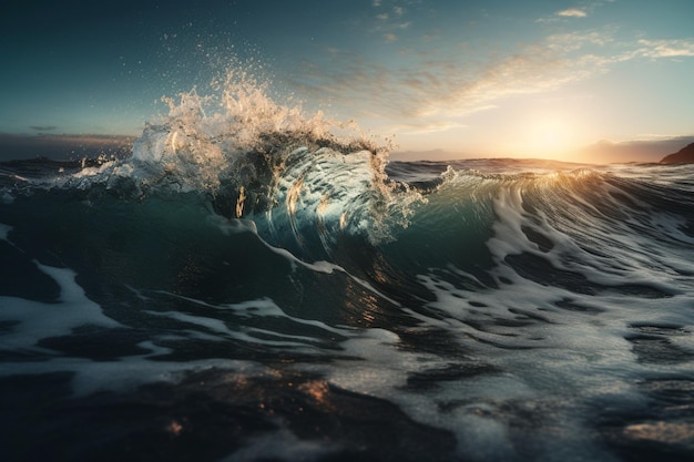 A wave is crashing on the ocean with the sun setting behind it.