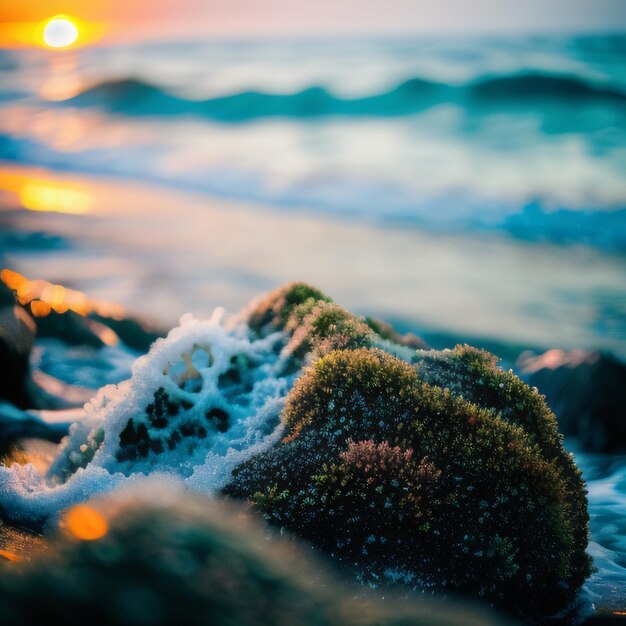 A wave is crashing on a rock with the sun setting behind it.