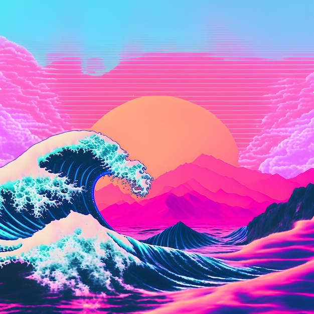 Premium Photo | A wave is on a pink background with the sun behind it.