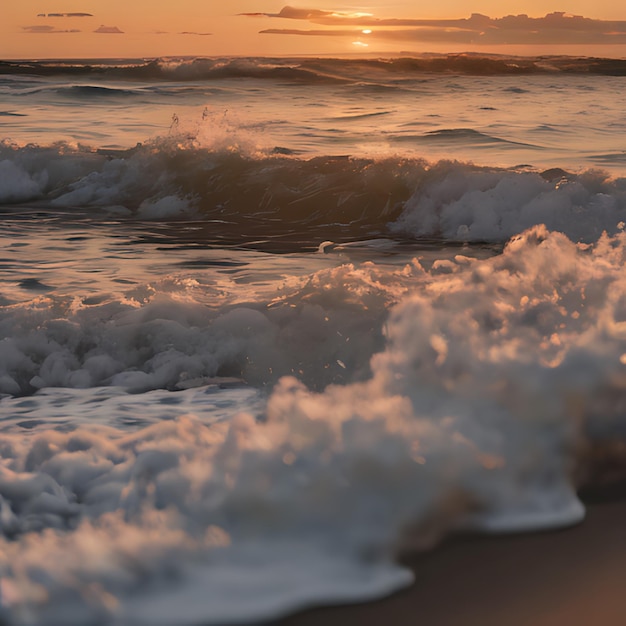 Волна катится на берег при заходе солнца.