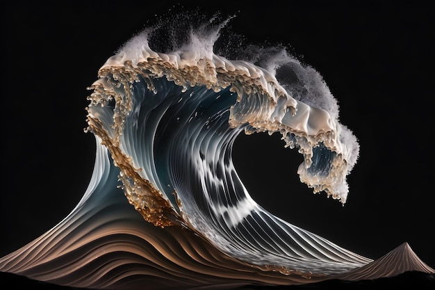 A wave is shown with a gold and blue wave in the middle