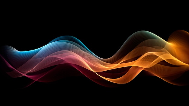 Волновые линии движутся динамично в различных цветах, изолированных на черном фоне Абстрактная футуристическая фоновая наука цифровая и коммуникационная концепция Генеративный ИИ