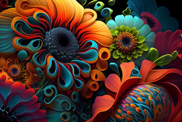 Wave of neon colour flowers in wave abstract