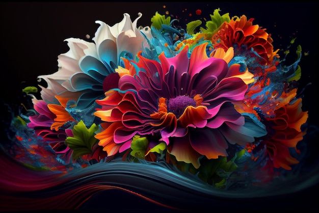 Wave of neon colour flowers in wave abstract