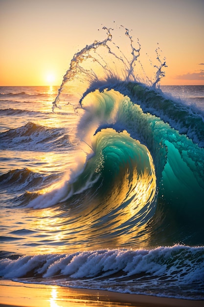 The wave in ocean at sunset